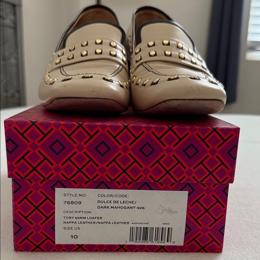 Tory Burch Cream Studded Loafers with Black Block Heel sz 10 - Picture 2 of 10